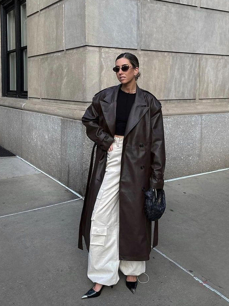 Ladies Maxilength Oversize Faux Leather Trench Coat with Wide Lapels and Waist Belt Mune Fashion