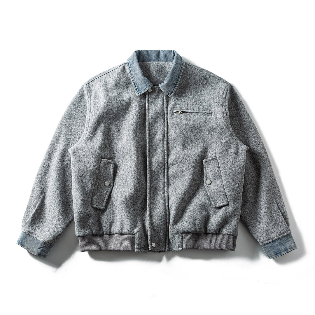Men's Short Wool Blend Bomber Jacket with Denim Collar and Flap Pockets Mune Fashion