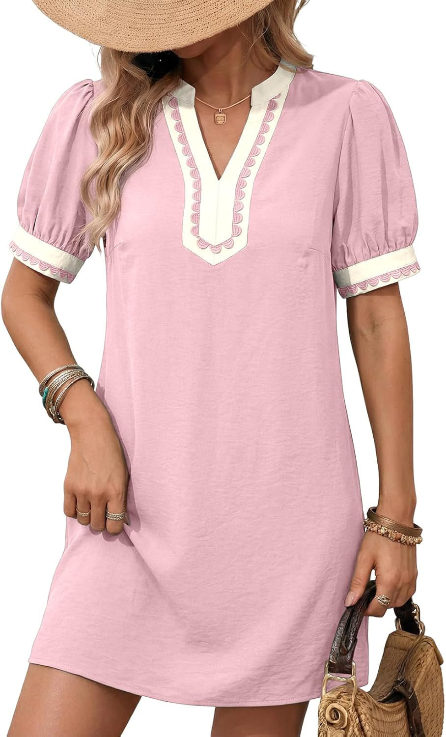 Women Loose A-Line Minidress with Puff Sleeves, V-Notch and Contrasting Trim Mune Fashion