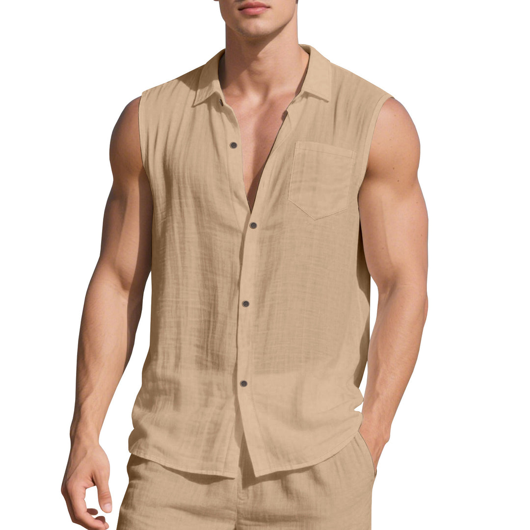 Men's sleeveless camp shirt with open button placket and drawstring waistband pants in linen look Mune Fashion
