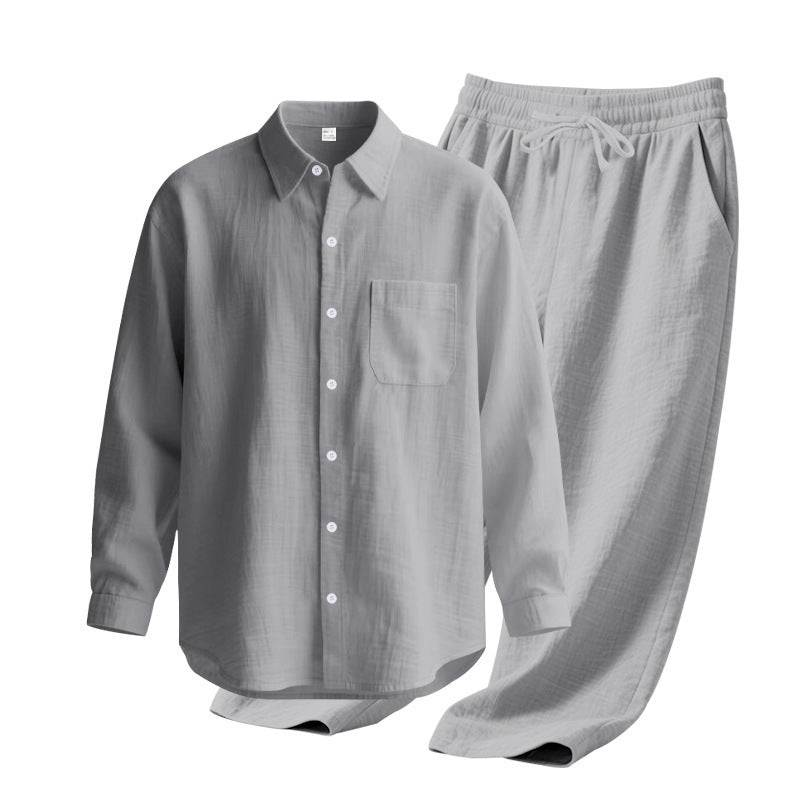 Men's light house suit made of cotton gauze with kent collar shirt, breast pocket and drawstring pants Mune Fashion