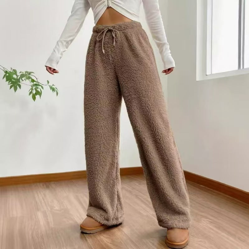Women's high-waisted teddy fleece lounge pants with wide leg, drawstring, and side pockets Mune Fashion