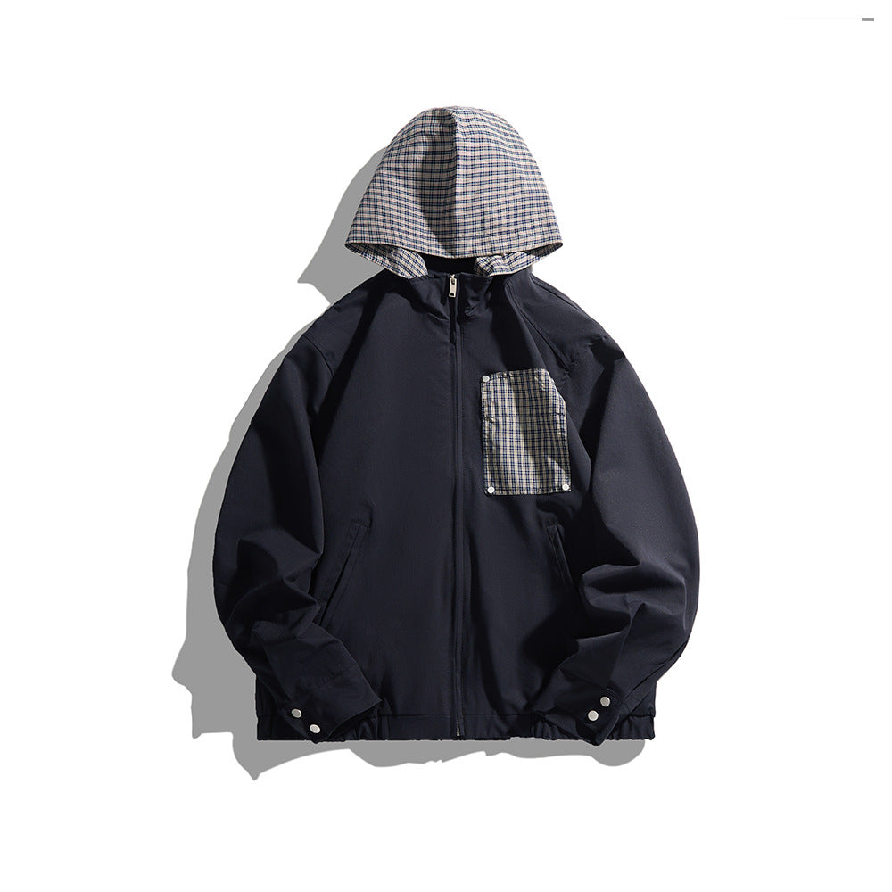 Unisex Light Hooded Transition Jacket with Check Patch Chest Pocket and Elastic Hem Mune Fashion
