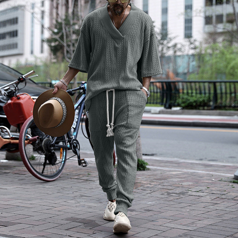 Men's Coarse Knit Lounge Set with Deep V-Neck and Drawstring Joggers Mune Fashion