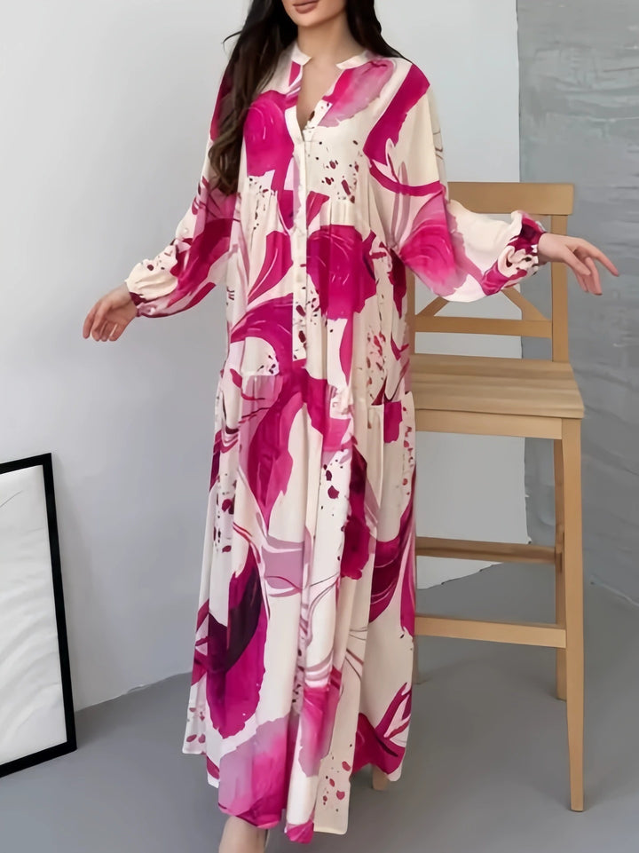 Women's Flowing Tiered Dress with Stand Collar, Balloon Sleeves and Button Placket Mune Fashion