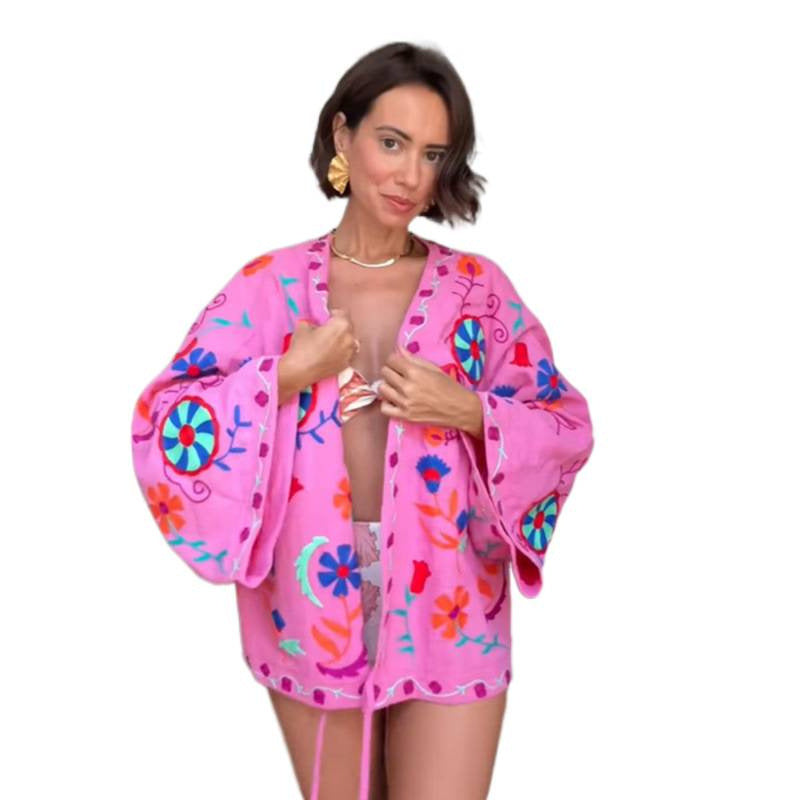 Ladies Embroidered Short Kimono with Oversized Sleeves and Colorful Boho Embroidery Mune Fashion