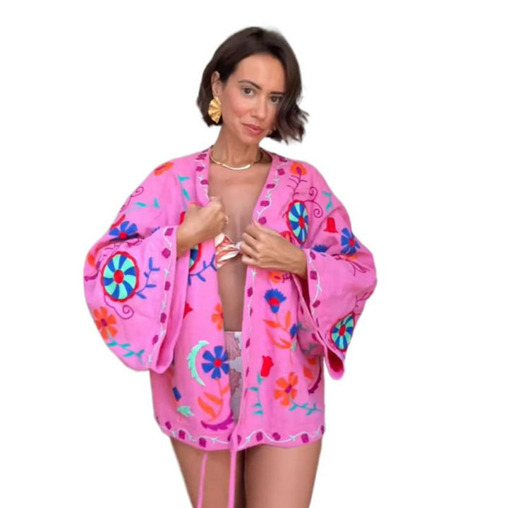 Ladies Embroidered Short Kimono with Oversized Sleeves and Colorful Boho Embroidery Mune Fashion
