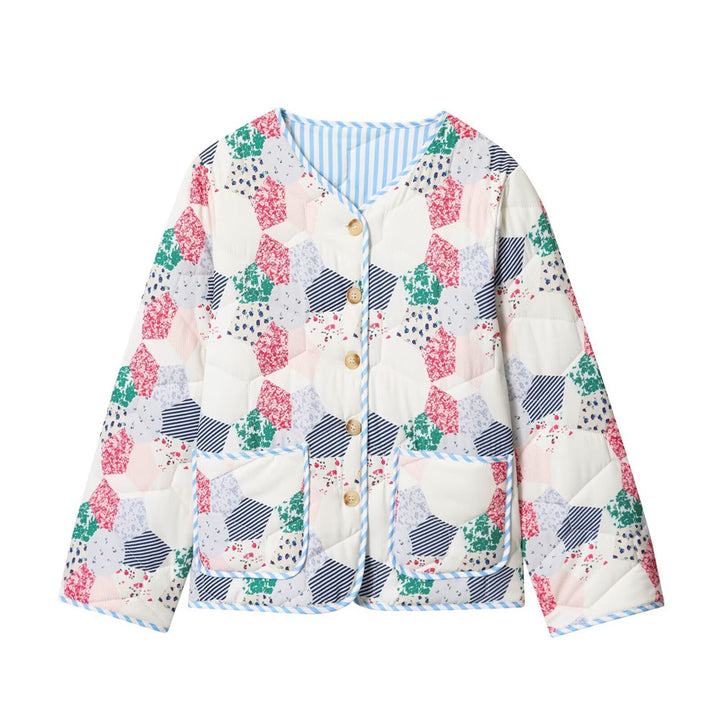 Women's Quilted Short Jacket in Patchwork Quilt Look with Button Placket and Patch Pockets Mune Fashion