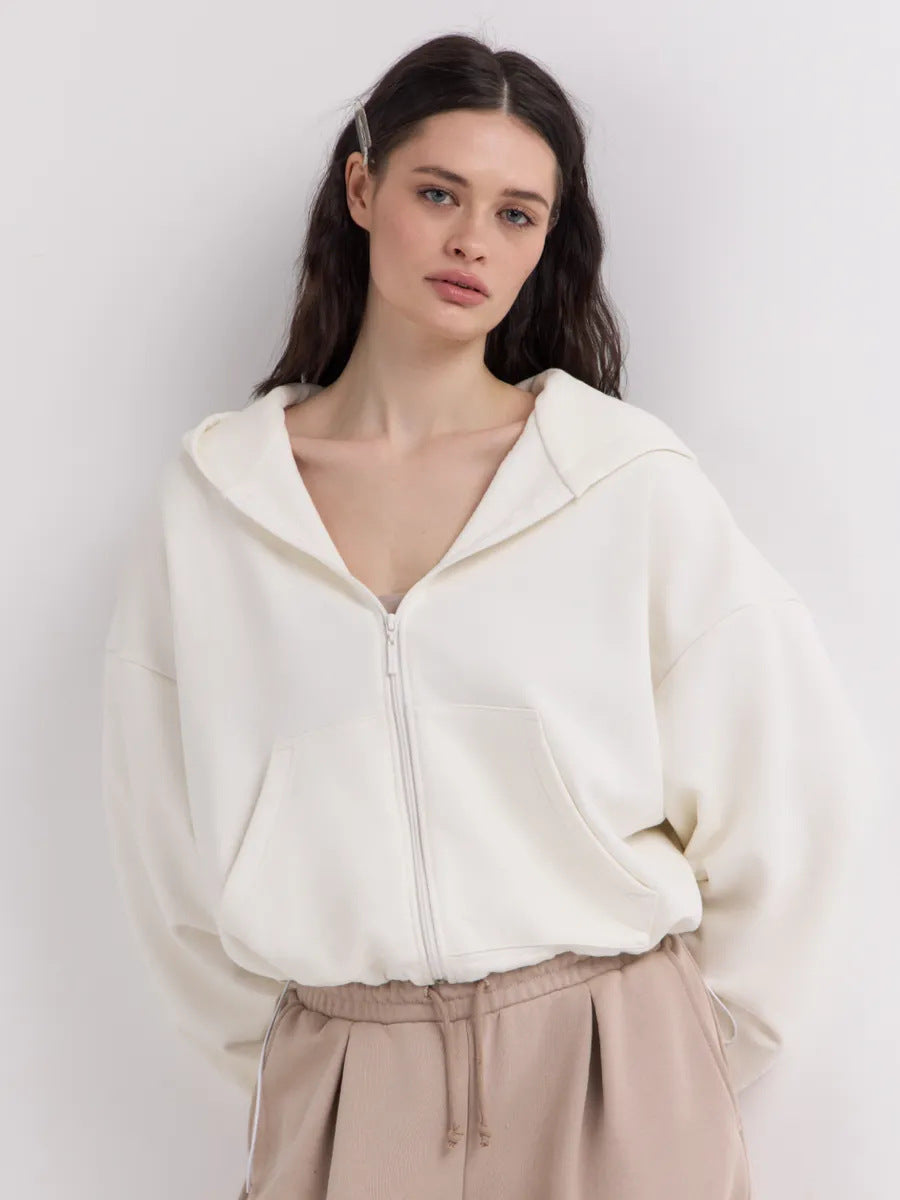 Women's casual cropped fleece hoodie with drawstring waistband, raglan sleeves and zip closure