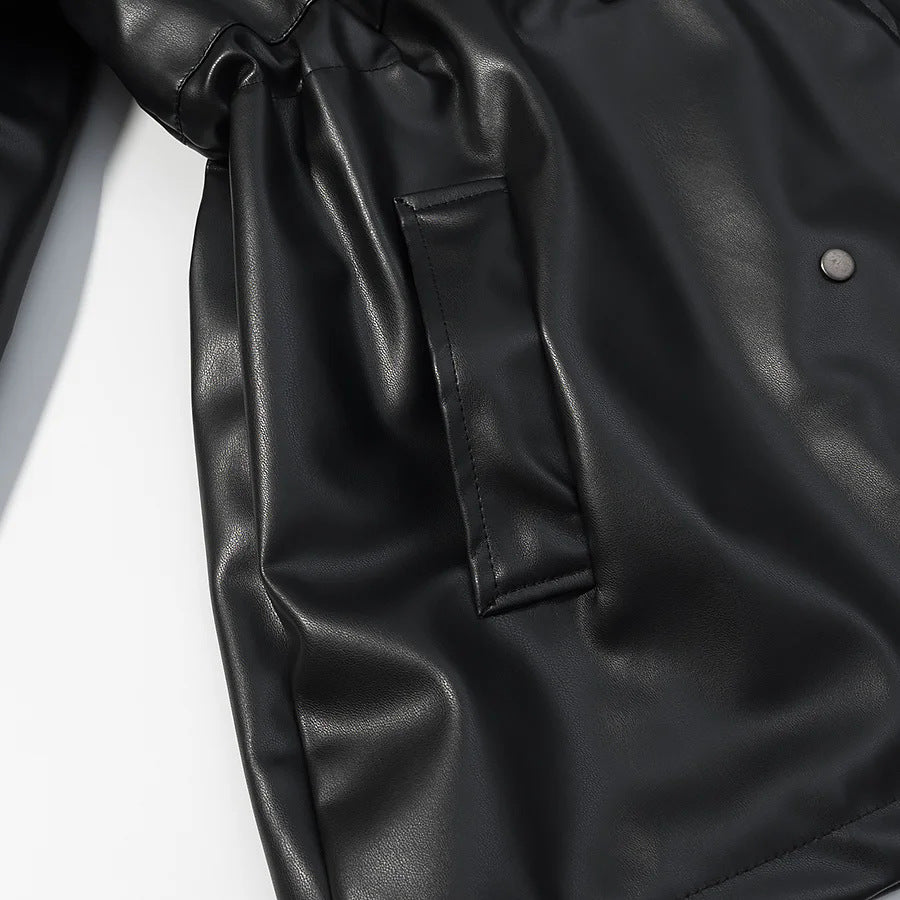Women's water-repellent synthetic leather parka with high standing collar and waist drawstring Mune Fashion