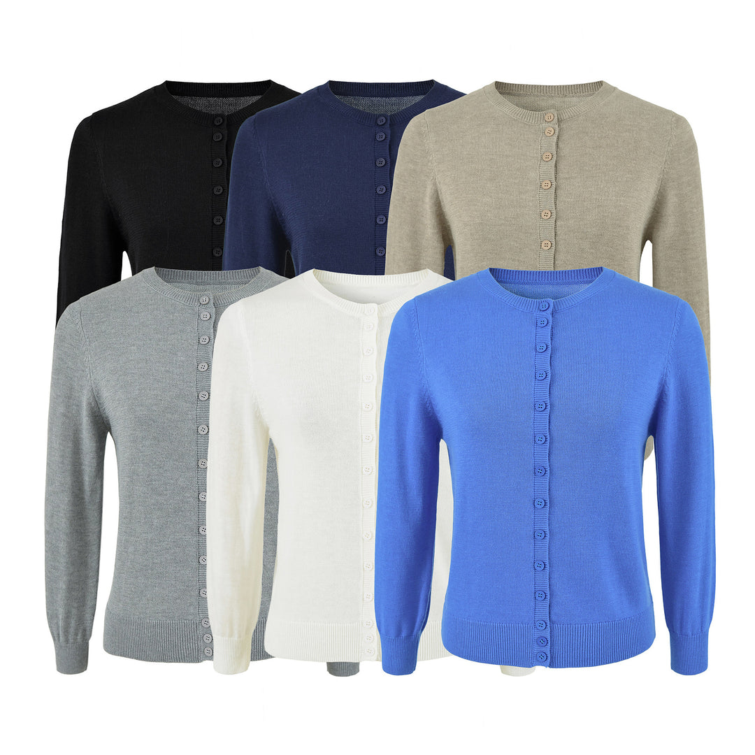 Ladies finely knitted round neck cardigan with button placket and ribbed cuffs Mune Fashion
