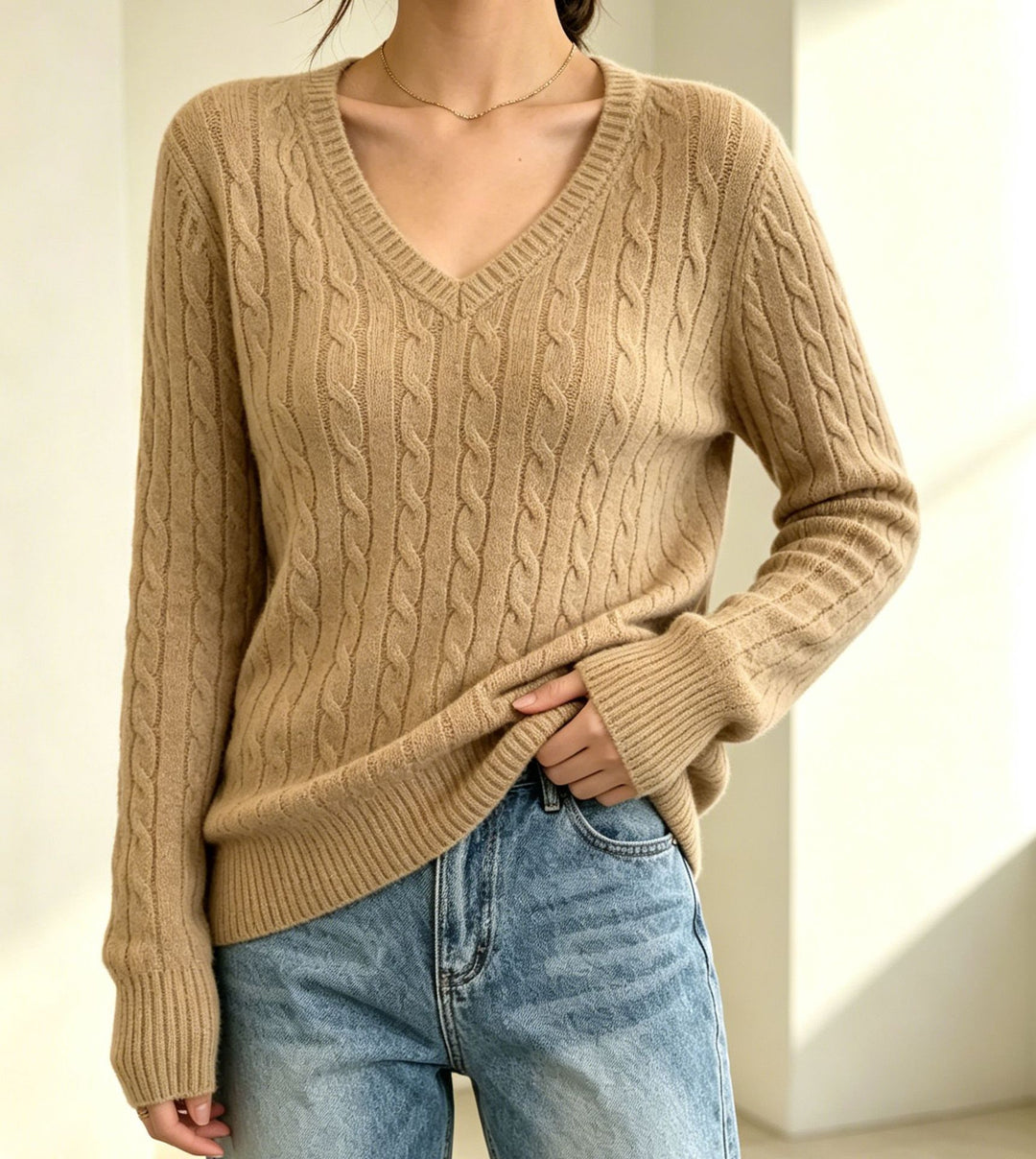Women's cable knit pullover with V-neck, fine texture and fitted fit Mune Fashion