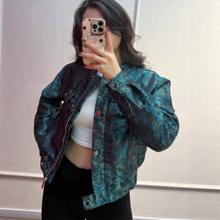 Women's Short Jacket in Metallic Jacquard with Snap Button Placket and Flap Pockets Mune Fashion