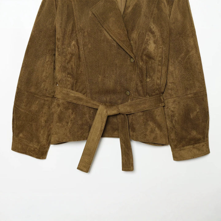 Women's Tailored Velvet Look Wrap Coat with Shawl Collar and Tied Belt Mune Fashion