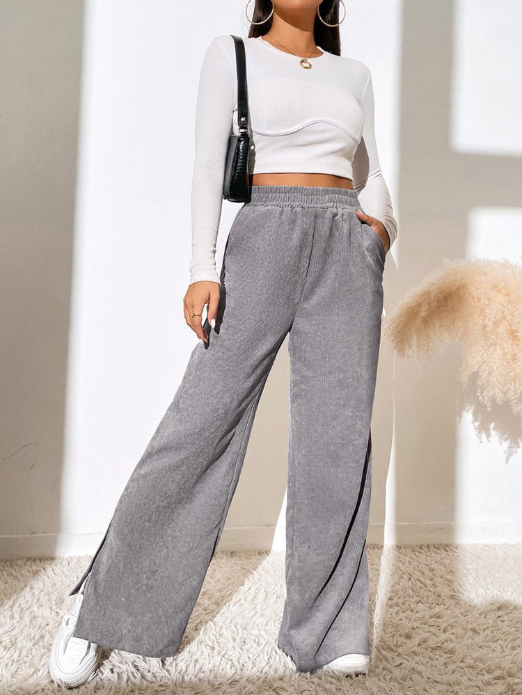 Women's Wide High-Waist Corduroy Lounge Pants with Elastic Waistband and Side Slits Drune