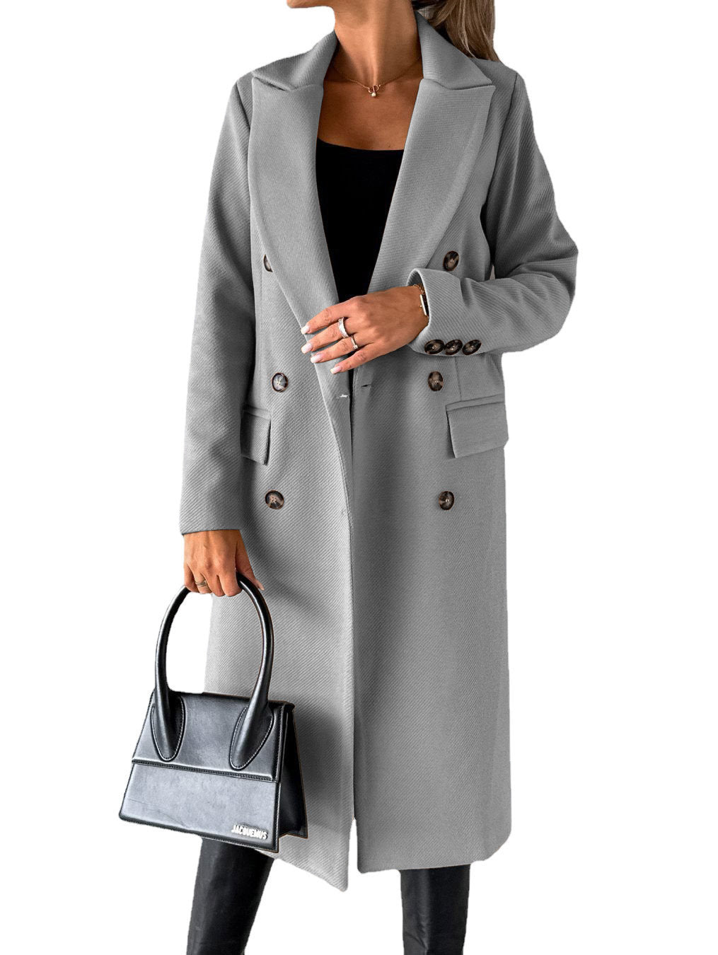 Women's classic long double-breasted coat with collar and flap pockets Mune Fashion