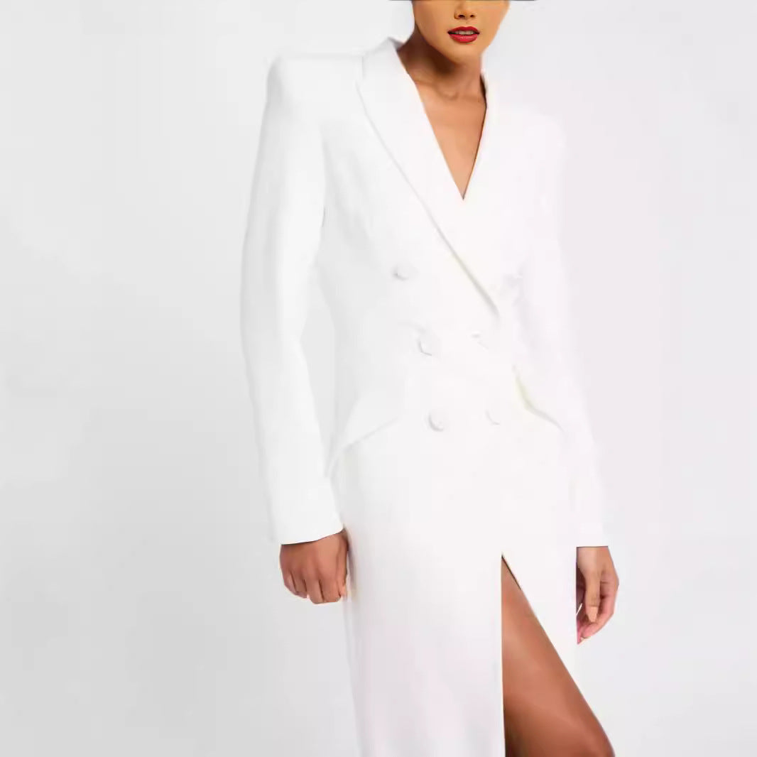Women Blazer Dress Maxi Dress with Double Breasted, tailored silhouette and high front slit Mune Fashion