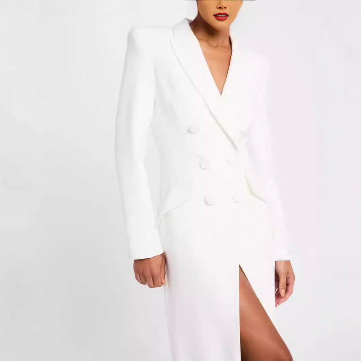 Women Blazer Dress Maxi Dress with Double Breasted, tailored silhouette and high front slit Mune Fashion