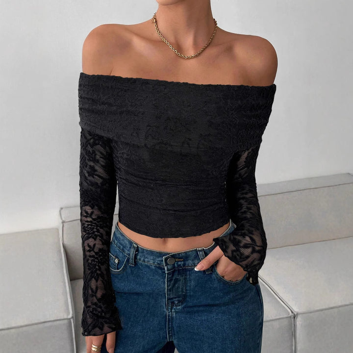 Women's form-fitting off-the-shoulder lace top with long trumpet sleeves Mune Fashion