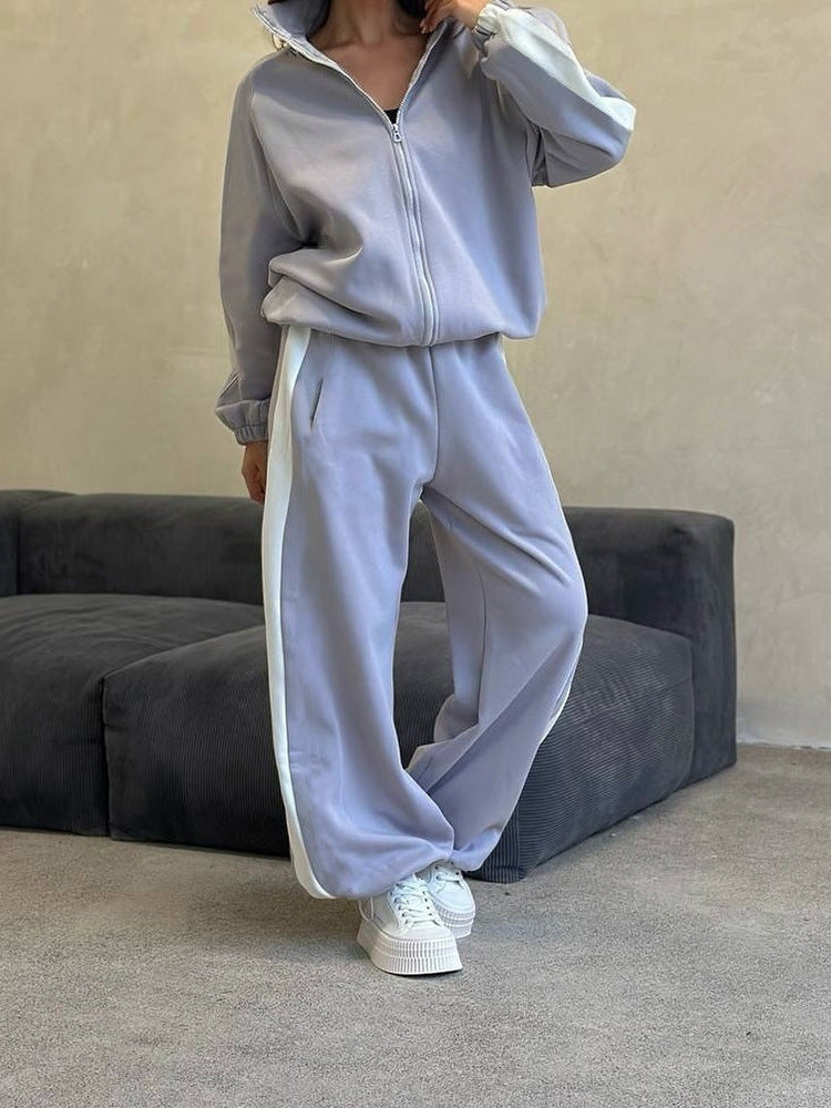 Women's loose zip sweat set with hood, high waistband and side contrast stripe Mune Fashion