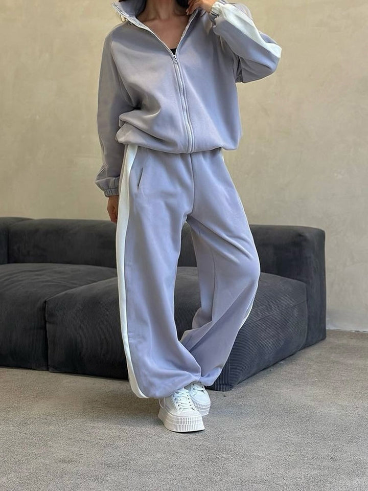 Women's loose zip sweat set with hood, high waistband and side contrast stripe Mune Fashion