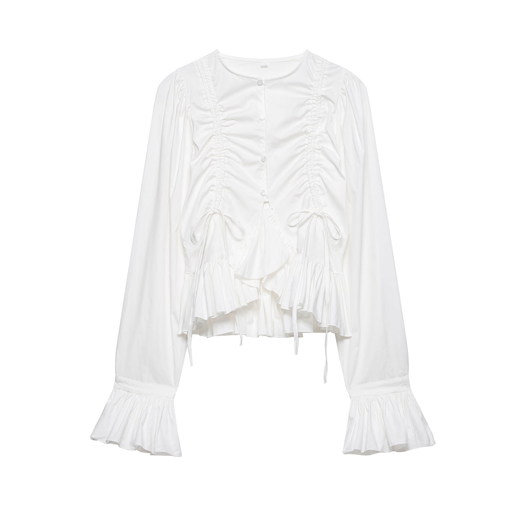 Women Ruffled Blouse with Drawstring, Balloon Sleeves and Ruffle Hem Mune Fashion