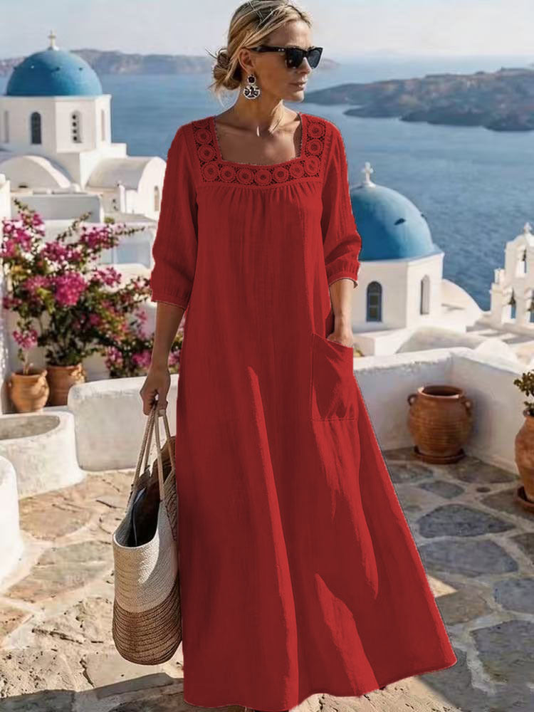 Women's maxi dress with crochet square neckline, three-quarter sleeves, and pocket Mune Fashion