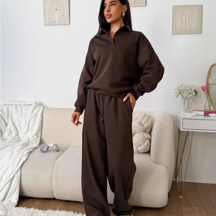 Women's wide Polo lounge set with elastic drawstring waistband and wide-leg jogging pants Mune Fashion