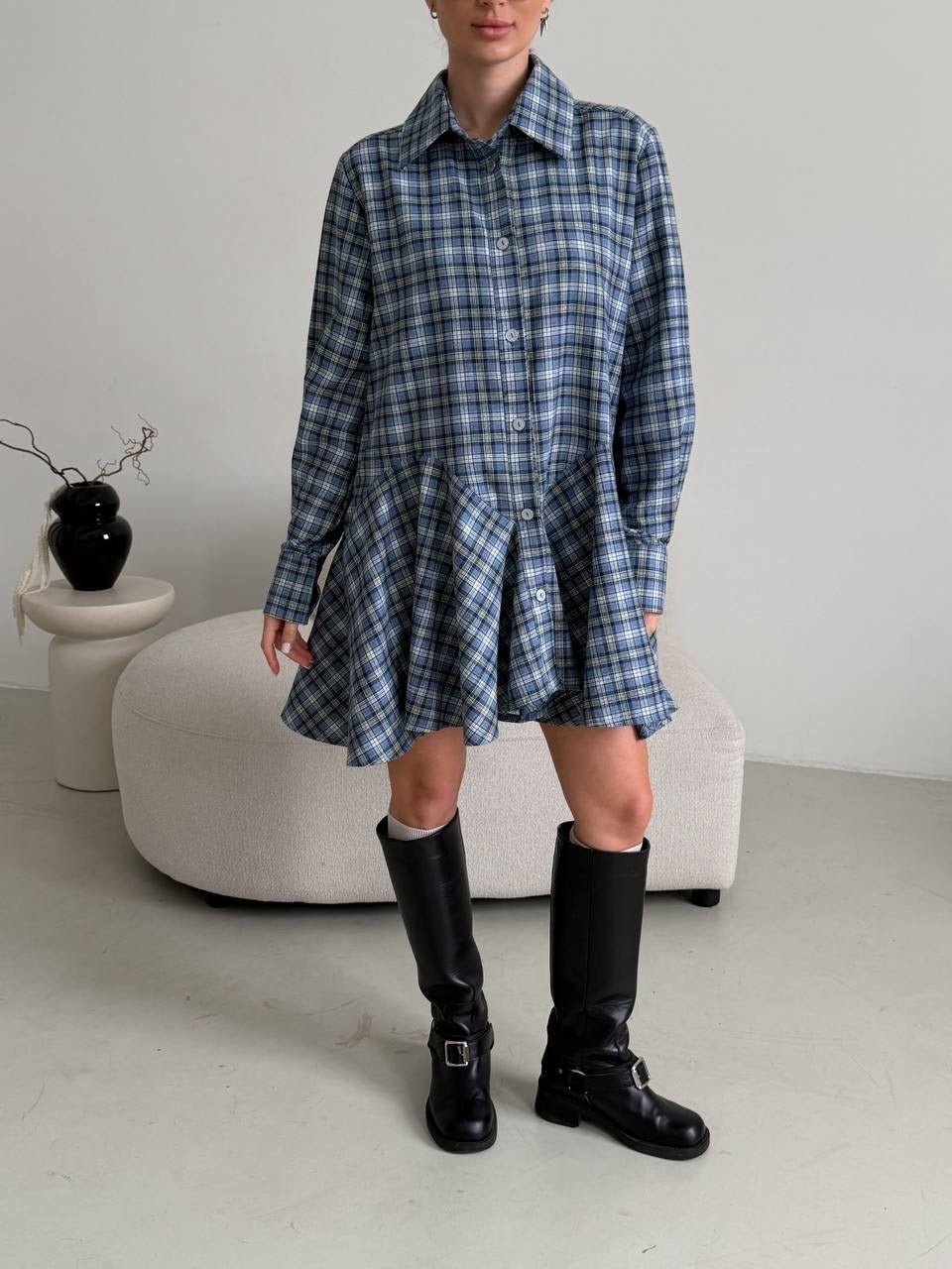 Women's Checked Shirt Blouse Mini Dress with Flared Ruffle Waist Mune Fashion