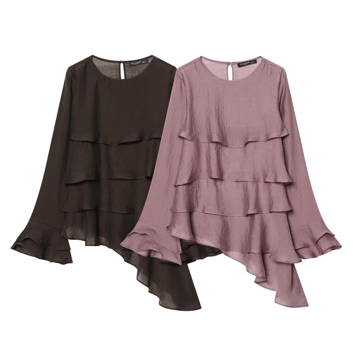 Women's Chiffon Ruffle Shirt with Layered Ruffle and Asymmetrical Hem Mune Fashion