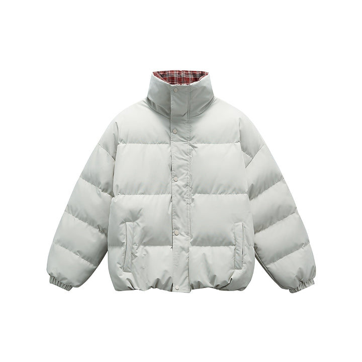 Unisex short boxy padded insulation jacket with extra high stand-up collar and checked lining Mune Fashion
