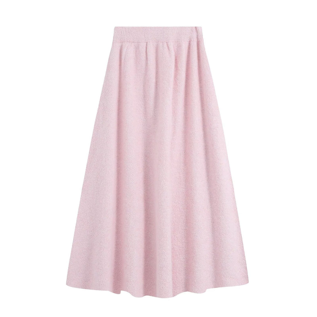 Women's knit set with cozy sweater featuring 3D flower appliqué and A-line skirt Mune Fashion
