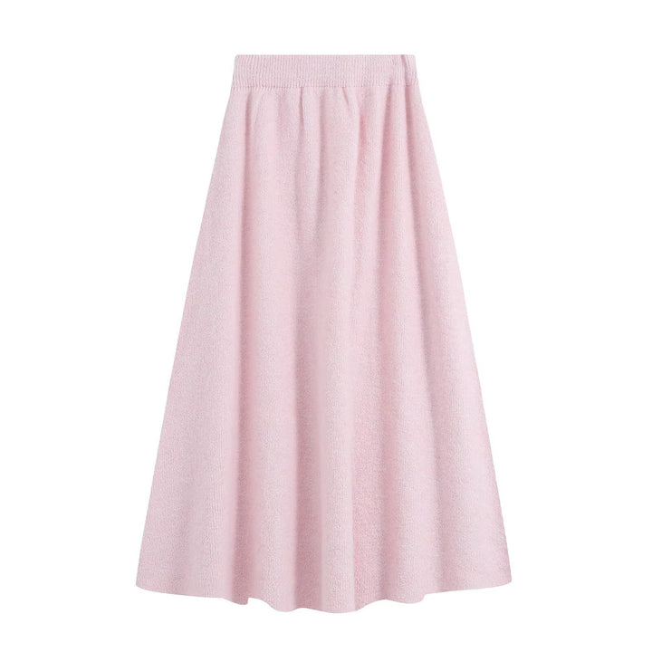 Women's knit set with cozy sweater featuring 3D flower appliqué and A-line skirt Mune Fashion