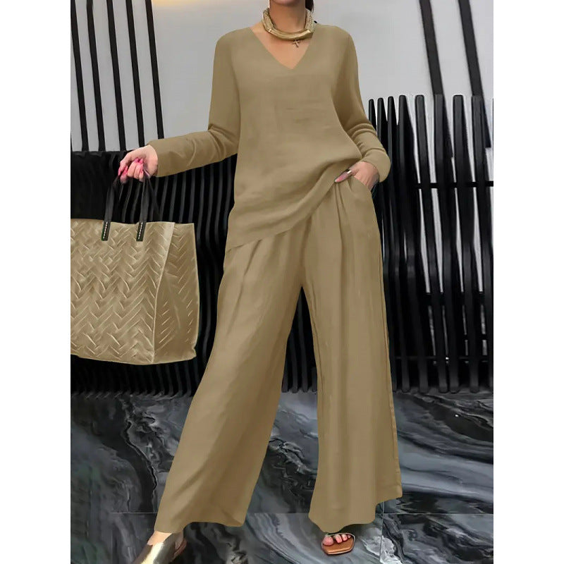 Women's Fine V-Neck Knit Sweater with Flowing Palazzo Pants Mune Fashion