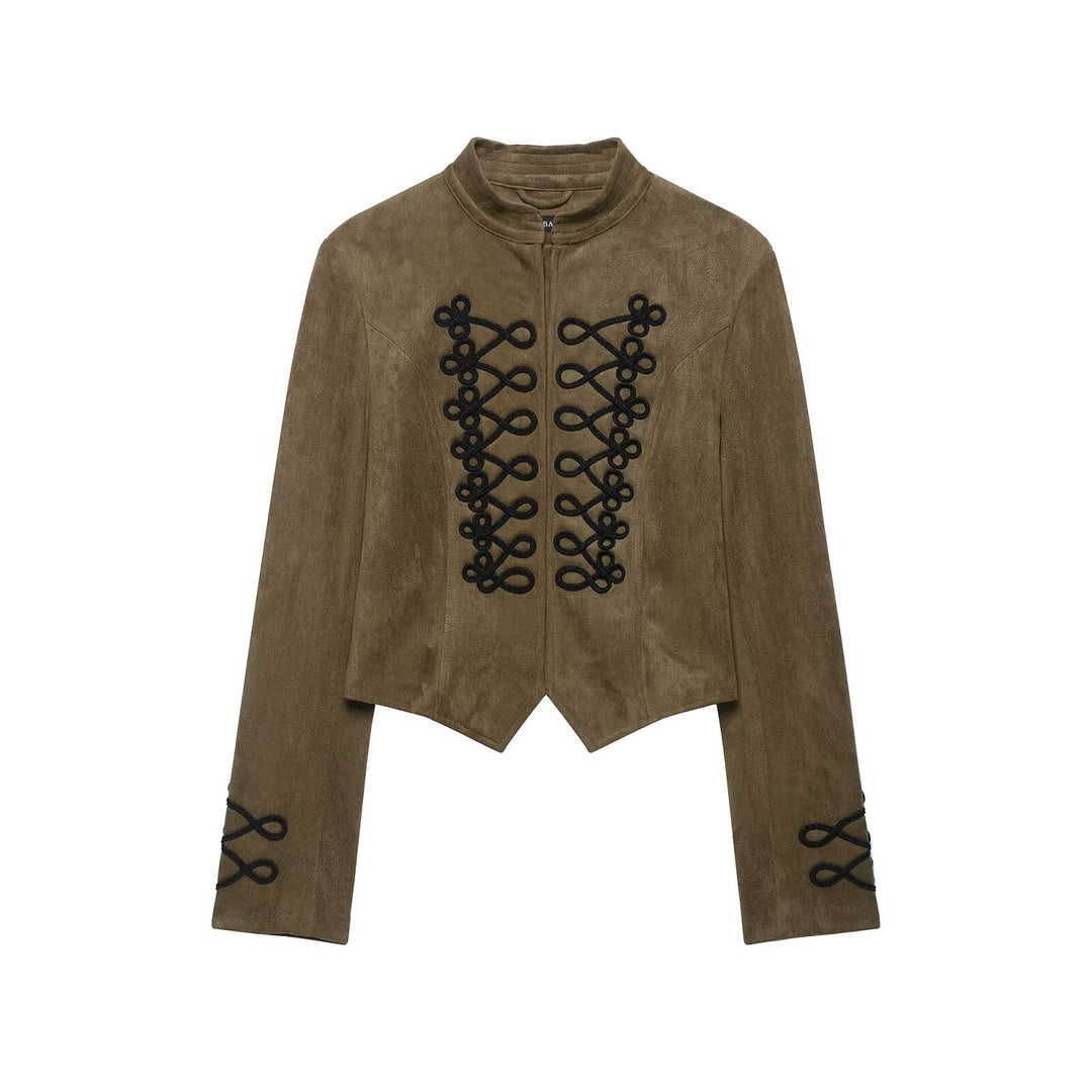 Ladies Tailored Cropped Suede Blouson with Military Cord Application and Stand Collar Drune
