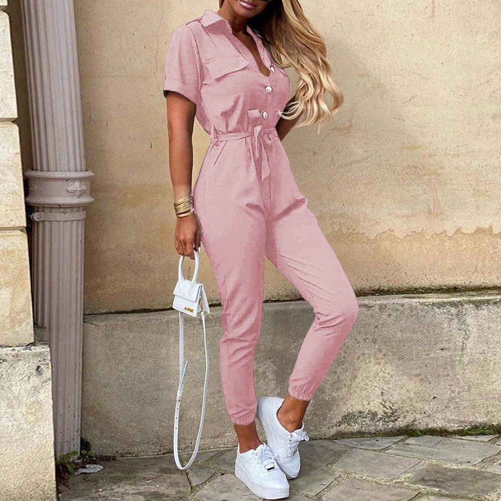 Women Short Sleeve Utility Overall with Waist Tie Belt and Slim Jogger Legs Mune Fashion