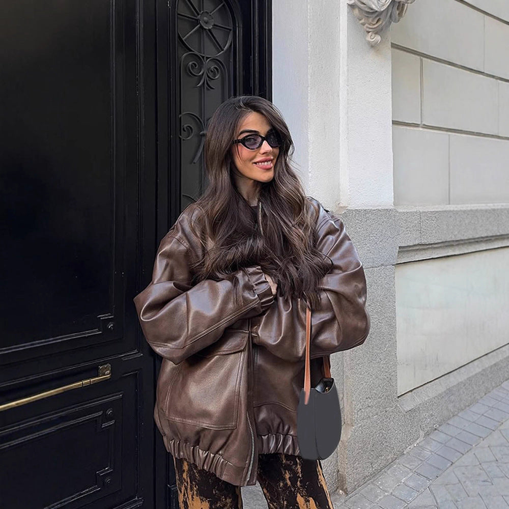 Women's Oversized Vegan Leather Bomber Jacket with Elastic Hem & Large Flap Pockets Mune Fashion