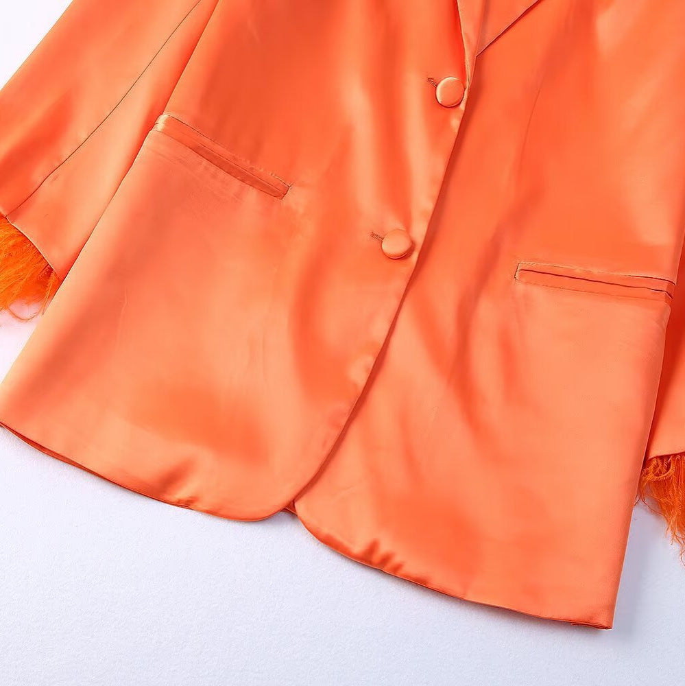 Women's Satin One-Button Blazer with Feather Trim on Sleeves Mune Fashion