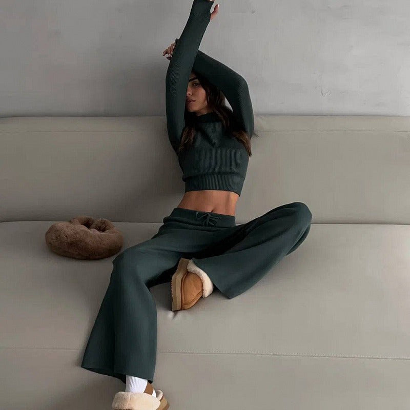 Women's Ribbed Cropped Loungewear Set with High-Waisted Drawstring Pants Mune Fashion
