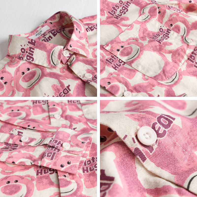 Men's Casual Loose-Fit Shirt with Full Button Placket, Chest Pocket, and Playful Allover Bear Print Mune Fashion