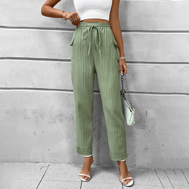 Women's Lightweight High-Waist Pants with Elastic Waistband, Drawstring, and Patch Pockets Mune Fashion