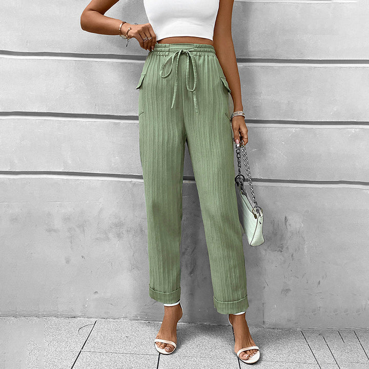 Women's Lightweight High-Waist Pants with Elastic Waistband, Drawstring, and Patch Pockets Mune Fashion