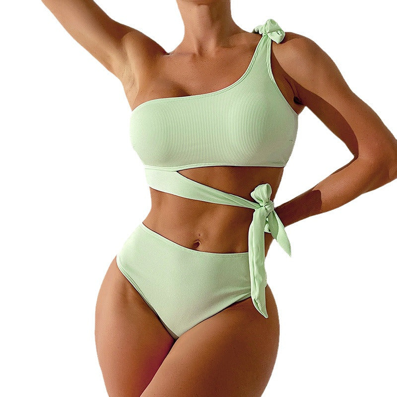 Women Cut-Out Bikini Set with Asymmetrical Top and Fashionable Ties Mune Fashion