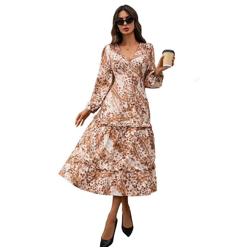 Women's Wrap Midi Dress with Ruffle Layers, Waist Gathering and Side Leg Slit Mune Fashion