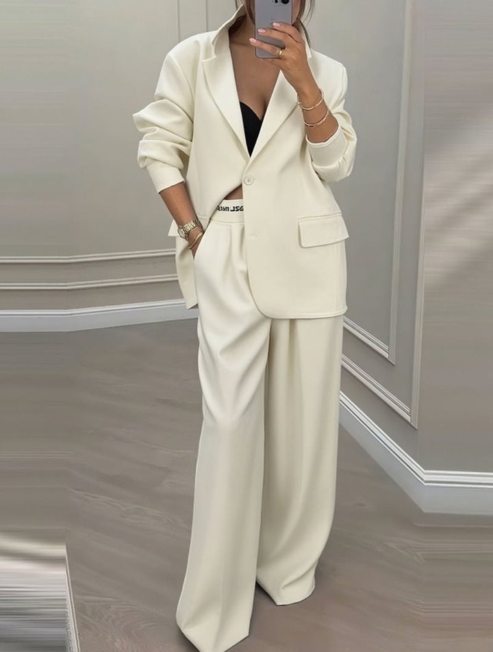 Women Oversized Blazer with Contrast Trim and High-Waist Palazzo Pants Two-Piece Set Mune Fashion