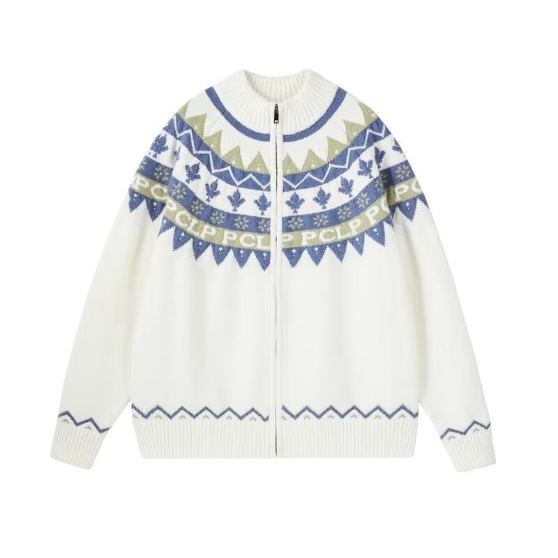 Women Casual Knit Zip Jacket with Jacquard Yoke and Ribbed Cuffs Mune Fashion