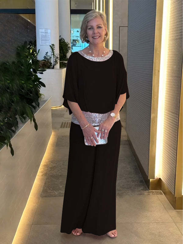 Women's Elegant Evening Two-Piece with Chiffon Cape and Palazzo Pants Mune Fashion