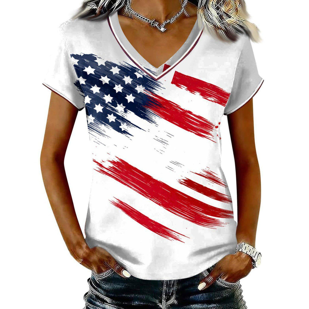 Women’s V-neck Retro Print T-shirt with Eagle Emblem and vintage-inspired Graphic Mune Fashion