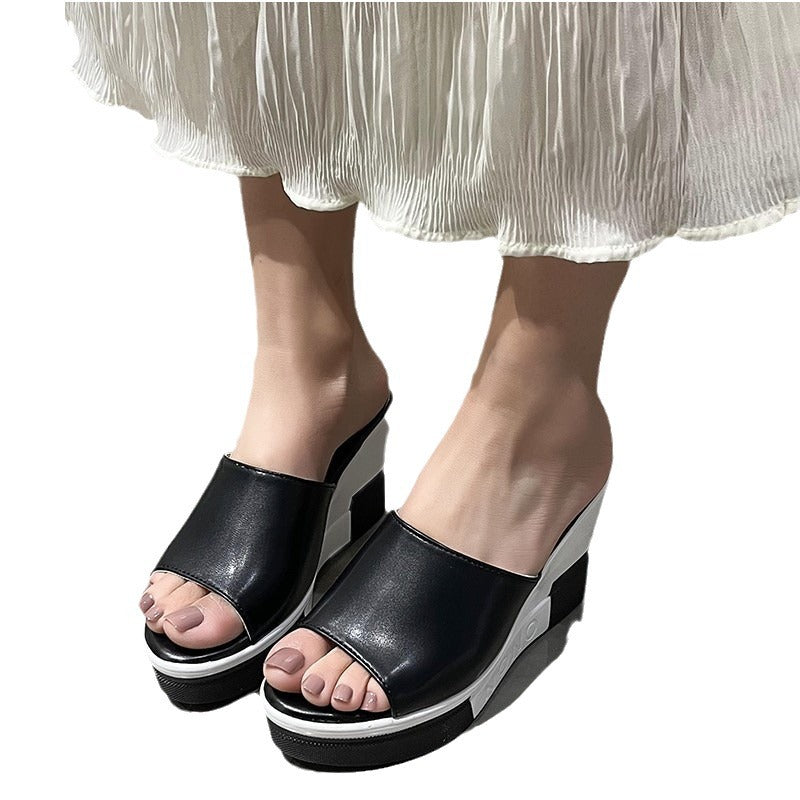 Women's slip-on sandals made of synthetic leather finish with open toe area, ergonomic wedge heel, and padded comfort footbed Mune Fashion