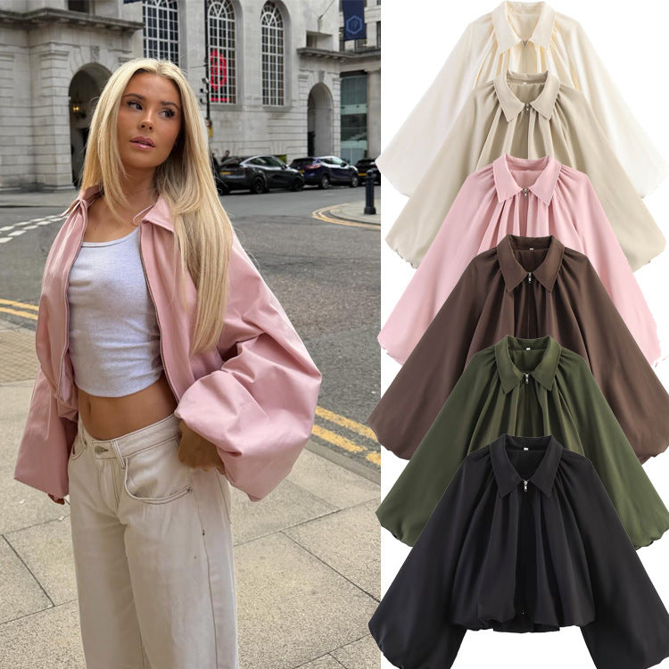 Women's short cape with voluminous sleeves, zipper and gathered hem Mune Fashion